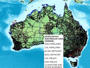 Several
layers from the many available from GeoScience Australia's Map Server
are overlain on a world base map in a WMS client.